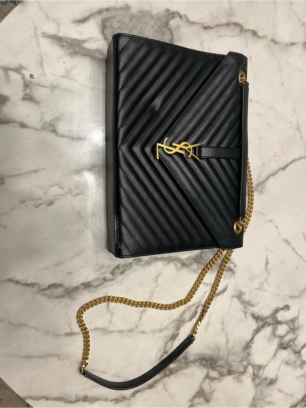 Saint Laurent Black Quilted Large Leather Shoulder Bag with Gold Chain